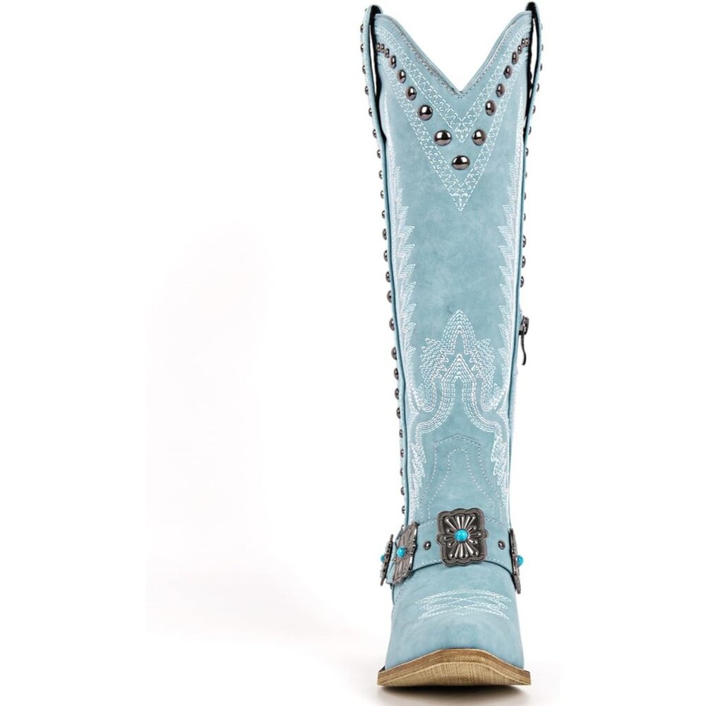 Women's Blue Leather Embroidered Knee High Chunky Heels Western Cowgirl Boots - Picture 3 of 4